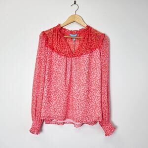 Draper James Floral Ruffle Blouse Pink & Red Long Sleeves Small NEW Boho